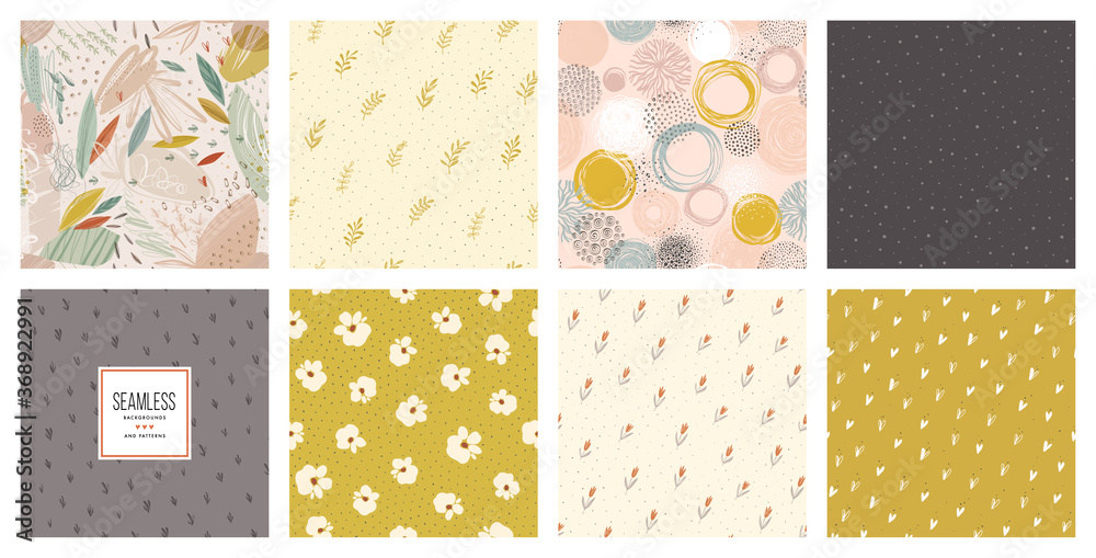 Trendy seamless patterns set. Cool abstract and floral design. For fashion fabrics, kid’s clothes, home decor, quilting, T-shirts, backgrounds, cards and templates, scrapbooking etc. - obrazy, fototapety, plakaty 