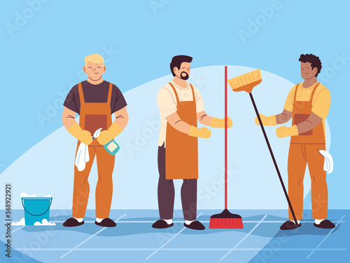 hygiene staff work as a team, janitors cleaning service