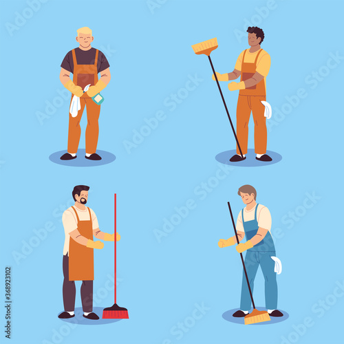 set of cleaning workers, professional cleaning staff, domestic cleaner worker and cleaners equipment