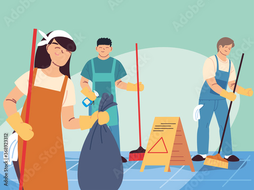hygiene staff work as a team, janitors cleaning service