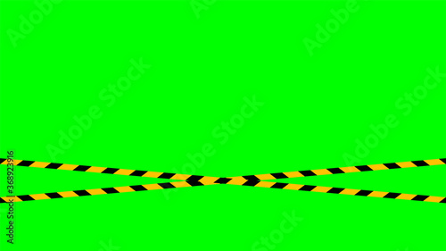 caution tape stripe on green screen background, green screen video and safety strip, warning tape line over green screen colour, ribbon yellow black striped on chroma key screen