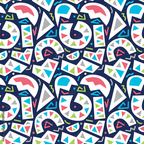 colorful abstract basic shapes seamless pattern isolated in blue background