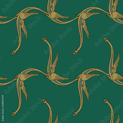 Seamless animal pattern with fantastic medieval dragons with long necks. Gothic illuminated manuscript style.
