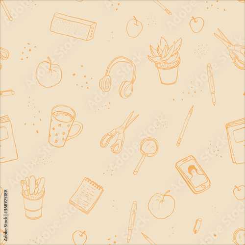 A pattern with self-education things. Book, pen, apples, magnifier, tea mug, smartphone, notepad, headphones, potted plant, scissors. Vector isolated illustration.