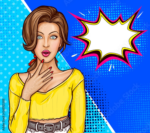 Surprised woman with wide open eyes and mouth holding hand to his face, isolated on dots blue background. Vector illustration of excited or confused modern girl with speech bubble in pop art style.