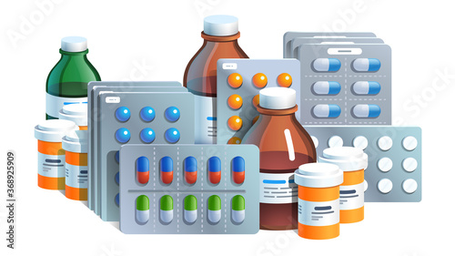 Various meds. Pills, glass bottles with medicine