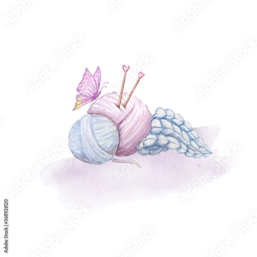 delicate pink blue illustration two balls of yarn