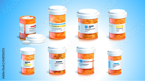 Pill bottles. Open plastic pills tube with cap