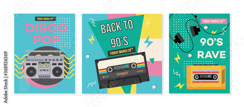 Foto Colorful 90's disco pop rave poster template set with cassette tapes