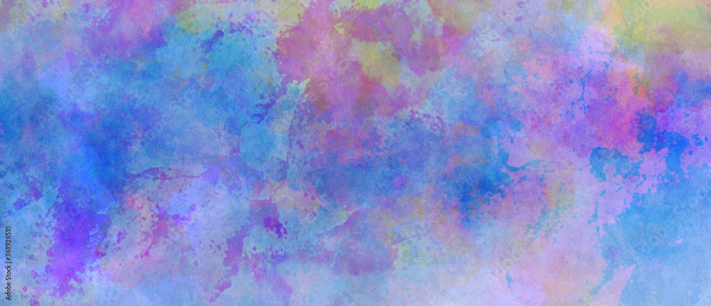 watercolor background in blue pink purple and yellow blotches, grunge texture painting in colorful distressed paper design with abstract blobs and blotches