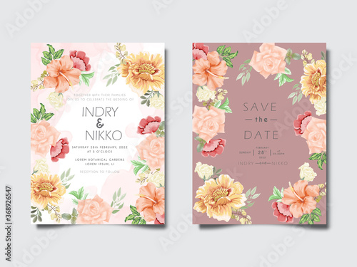 beautiful and elegant wedding invitation with flower and leaves concept