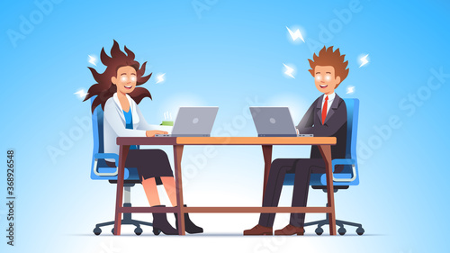 Crazy productive man, woman team work together