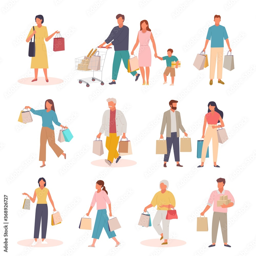 Characters with shopping set. People with paper bags and trolley returning from market family returns grocery supermarket elderly man bags both hands girl designer handbags. Cartoon vector.