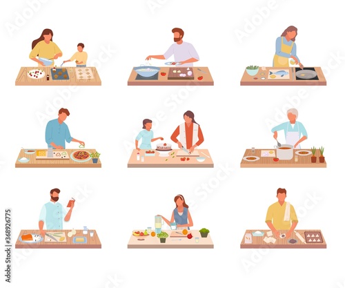 People cook tasty food set. Characters share recipes prepare on kitchen table delicious dishes old woman cooks borsch girl fries salmon mother and daughter bake birthday cake. Menu vector.