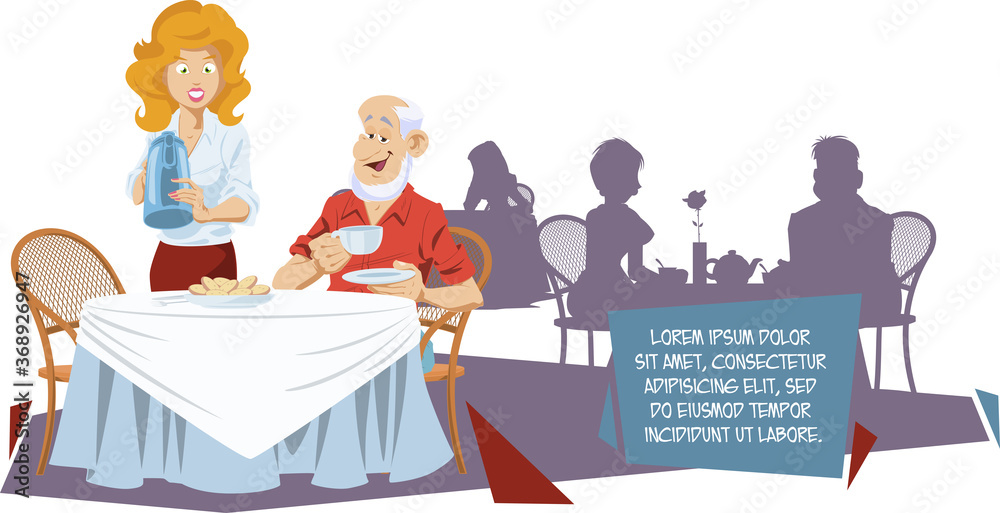 Man and waitress in cafe. Funny people.