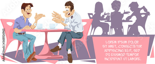 Friends are talking at table in cafe. Funny people.
