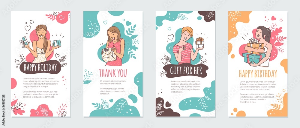 Set of sale banners with women holding gift boxes, cartoon vector illustration.