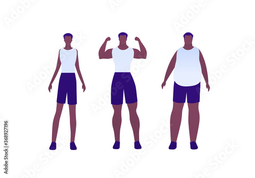 Man body weight concept, Vector flat person illustration set. Collection of african american males in sport outfit. Slim, overweight, strong muscular. Front view. Design for banner, infographic