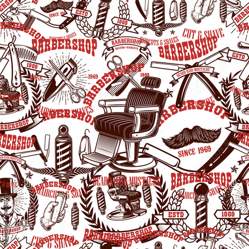 Seamless pattern with barbershop design elements in monochrome style. Design element for poster, card, banner. Vector illustration