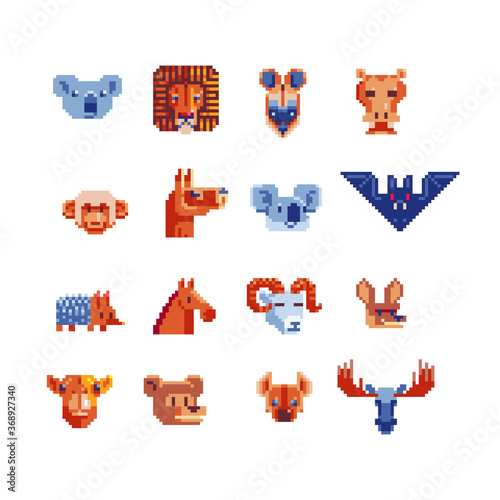 Pixel art icons set cute animals characters, design element of children's book, application, logo, sticker. Game assets 8-bit sprite sheet. Isolated vector illustration.