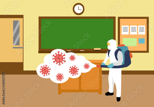 A man in hazmat suit spraying and disinfecting covid19 Coronavirus cells epidemic outbreak. Virus disinfection prevention vector illustration. Cleaning virus, bacteria and germs in the classroom.