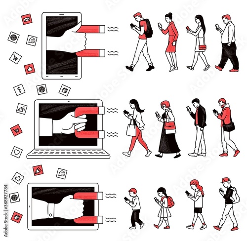 Inbound marketing - magnet attracts clients cartoon vector illustration isolated.