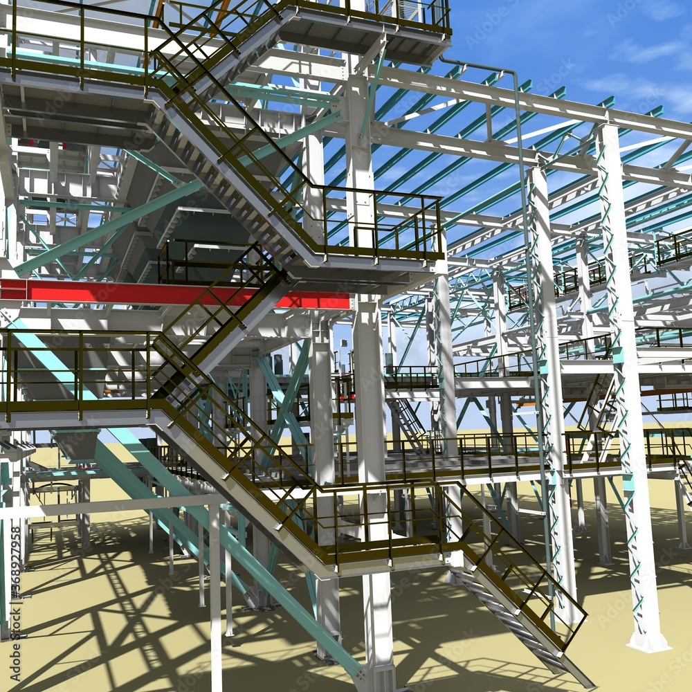 Cover of the construction project of a BIM model of a building made of metal structures. Presentation of the project for the customer, contractor and construction organizer. 3D rendering. Cover of the construction project of a BIM model of a building made of metal structures. Presentation of the project for the customer, contractor and construction organizer. 3D rendering.