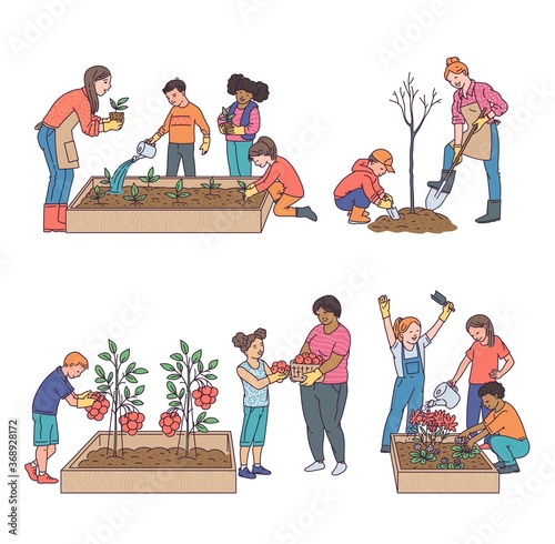 Gardening in school or kindergarten sketch cartoon vector illustration isolated.