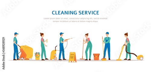 Cleaning service banner template with cleaner team in uniform using equipment