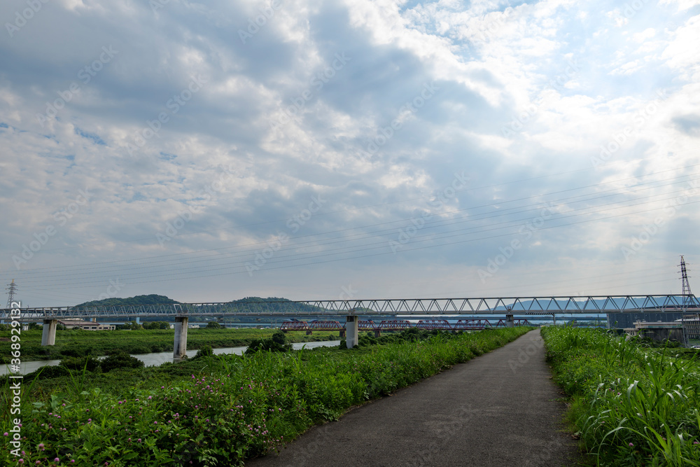 Blue sky on the banks of the Kizugawa River in summer in Japan