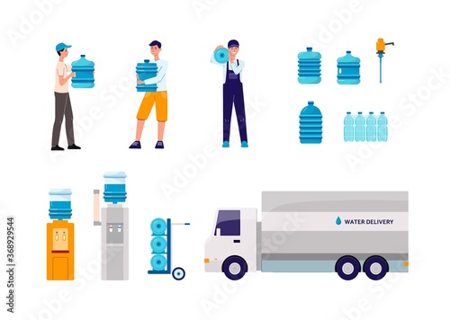 Water delivery staff and transport icons set, flat vector illustration isolated.