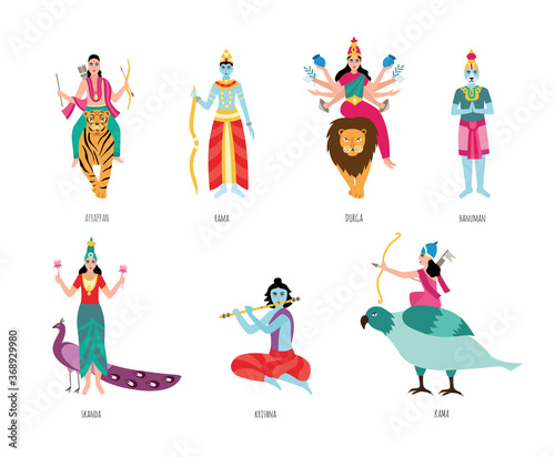 Indian gods - isolated set of Hindu religion figures - flat vector illustration on white background