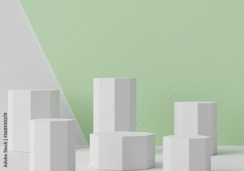 3d geometric forms. Blank podium display in pastel green white color. Minimalist pedestal or showcase scene for present product and mock up. 3d geometric forms. Blank podium display in pastel green white color. Minimalist pedestal or showcase scene for present product and mock up.