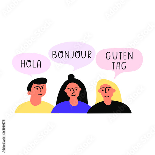 Hola, bonjour, guten tag. Bilingual concept. Hand drawn vector illustration on white background.