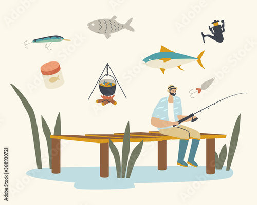 Fisherman Sitting with Rod on Wooden Pier Having Good Catch. Male Character Fishing on Calm Lake or River at Summer Day