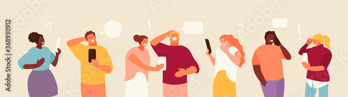 Group of people using smartphone and expressing different emotions vector illustration