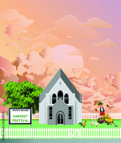 Christian parish church with Harvest Festival celebrating the produce of the land on the nearest Sunday to the harvest moon set against a dawn sky