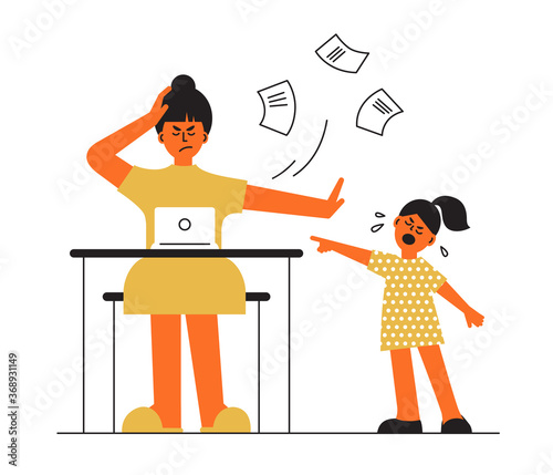 Frustrated parent concept. Tired mother trying work at home. Little daughter crying requiring laptop. Busy freelancer mom, capricious baby girl. Child and job. Difficult motherhood vector illustration