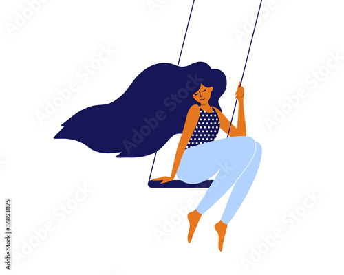 Love and time for yourself, self care, slow life concept. Cute girl with long hair sitting on swing. Young smiling mother takes break and relaxes. Happy woman, wellbeing, body care vector illustration