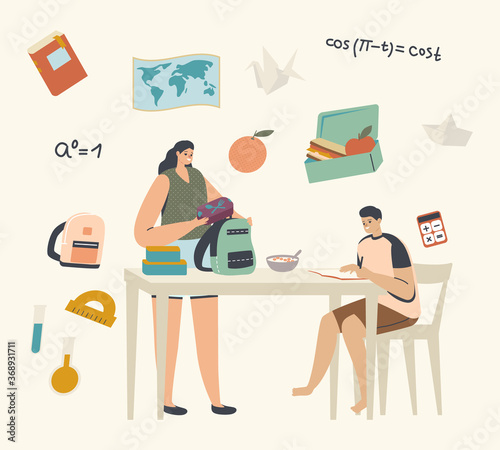 Mother Put Lunch Box into Son Rucksack for School. Boy Make Homework Sitting at Table. Family Characters Mom and Student