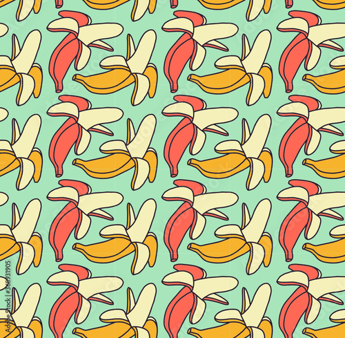 colorful banana seamless pattern isolated in green background