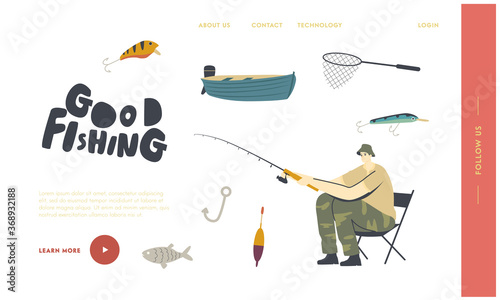 Relaxing Summertime Hobby Landing Page Template. Fisherman Character Sitting on Chair with Rod on Coast Have Good Catch