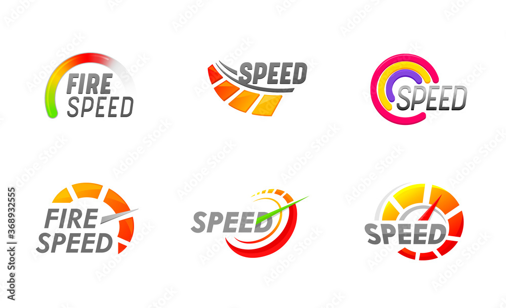 Set of Speedometers Icons, Speed Indicator Dashboard Dial Scales for