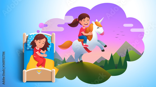 Girl kid sleeping dreaming about riding unicorn