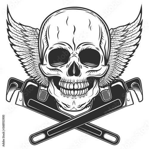 Vintage monochrome skull builder from new construction with crossed wrenches plumbing and gas pipes with wings isolated vector illustration