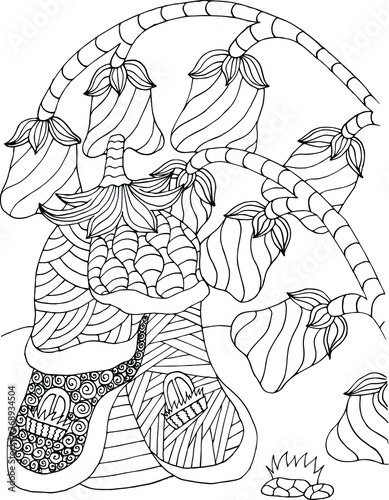 coloring book antistress house in a flower on the background of bells