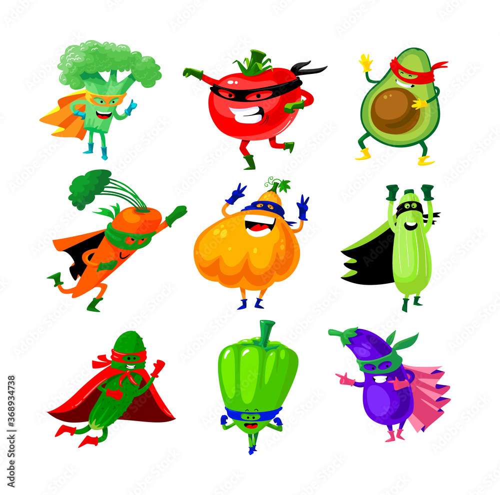 Fototapeta premium Set of Vegetables in Super Hero Costume. Funny Veggies Broccoli, Tomato and Avocado with Carrot. Pumpkin and Squash