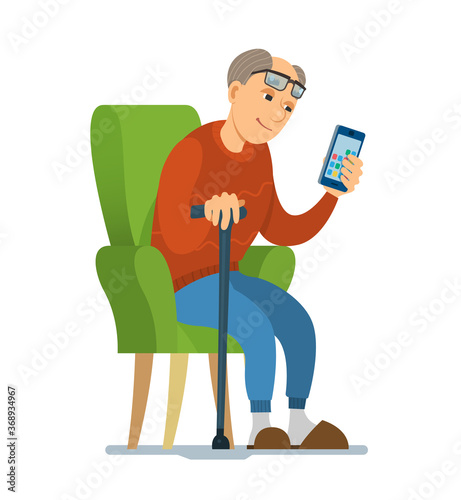 An old man with a smartphone in his hand is sitting in a chair. Vector illustration of an elderly man who explores technology.