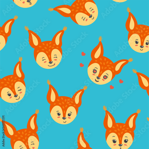 Squirrel head in a seamless pattern. Winking, smiling, happy squirrels. Vector illustration in flat style
