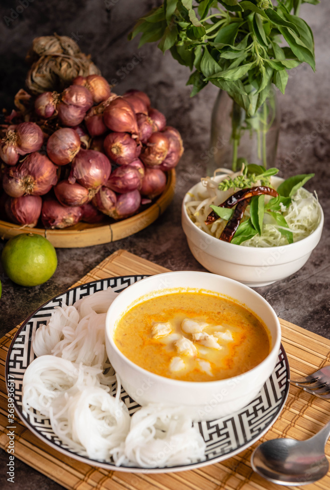 Rice Noodles with Crab Curry and Vegetables. Rice Noodles with Crab Curry and Vegetables.